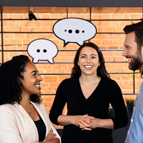 Authentic Connection**

Prompt:  A diverse group of professionals engaged in genuine conversation at a modern co-working space. Focus on positive body language, eye contact, and active listening. Soft, warm lighting.  Include subtle branding elements related to networking, such as stylized speech bubbles or a minimalist logo representing connection.  Emphasis on authenticity and approachability.
**